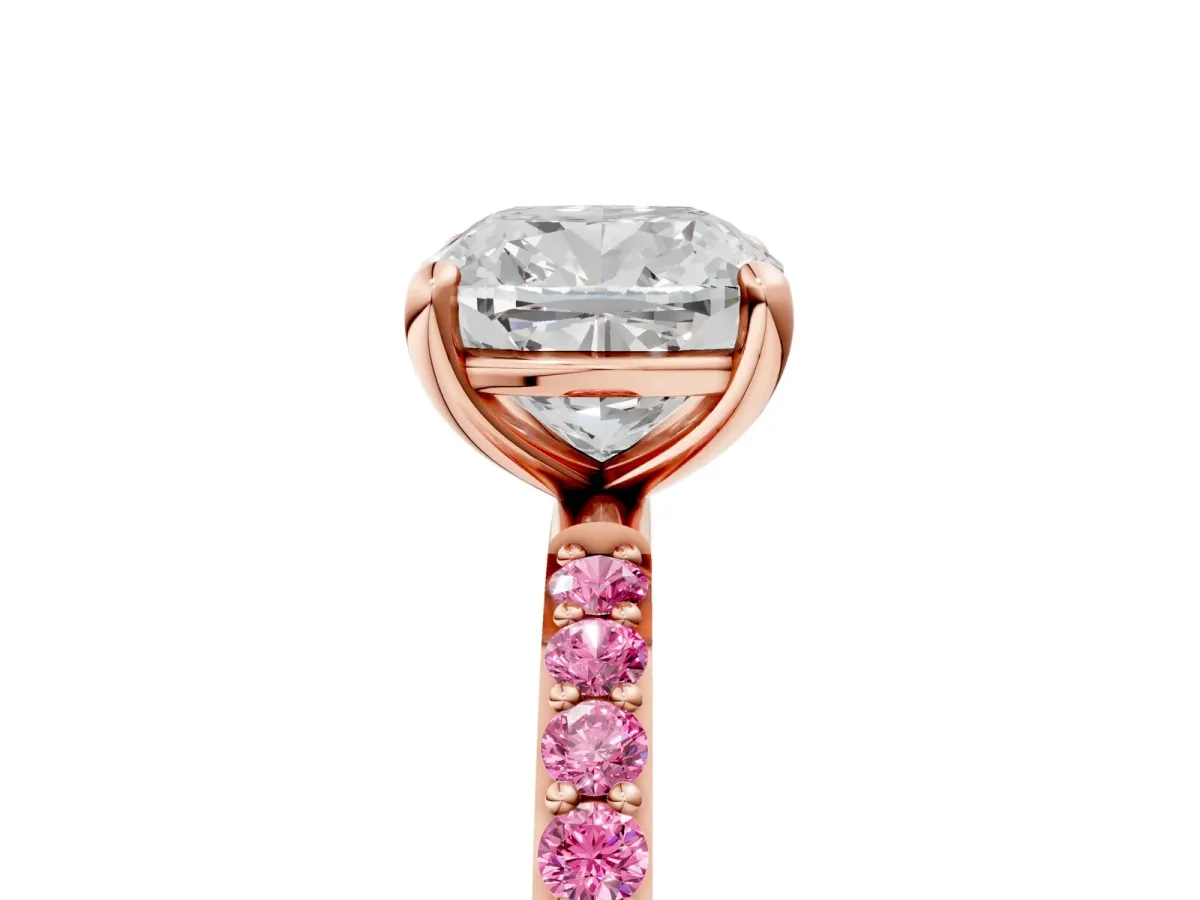 Cushion Cut Diamond Solitaire Ring with Round Pink Sapphire Pavé Band and Prong Setting Rose gold