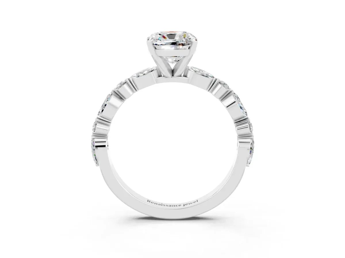 Cushion Cut Moissanite Ring with Marquise and Round Side Stones and Four-Prong Setting White gold