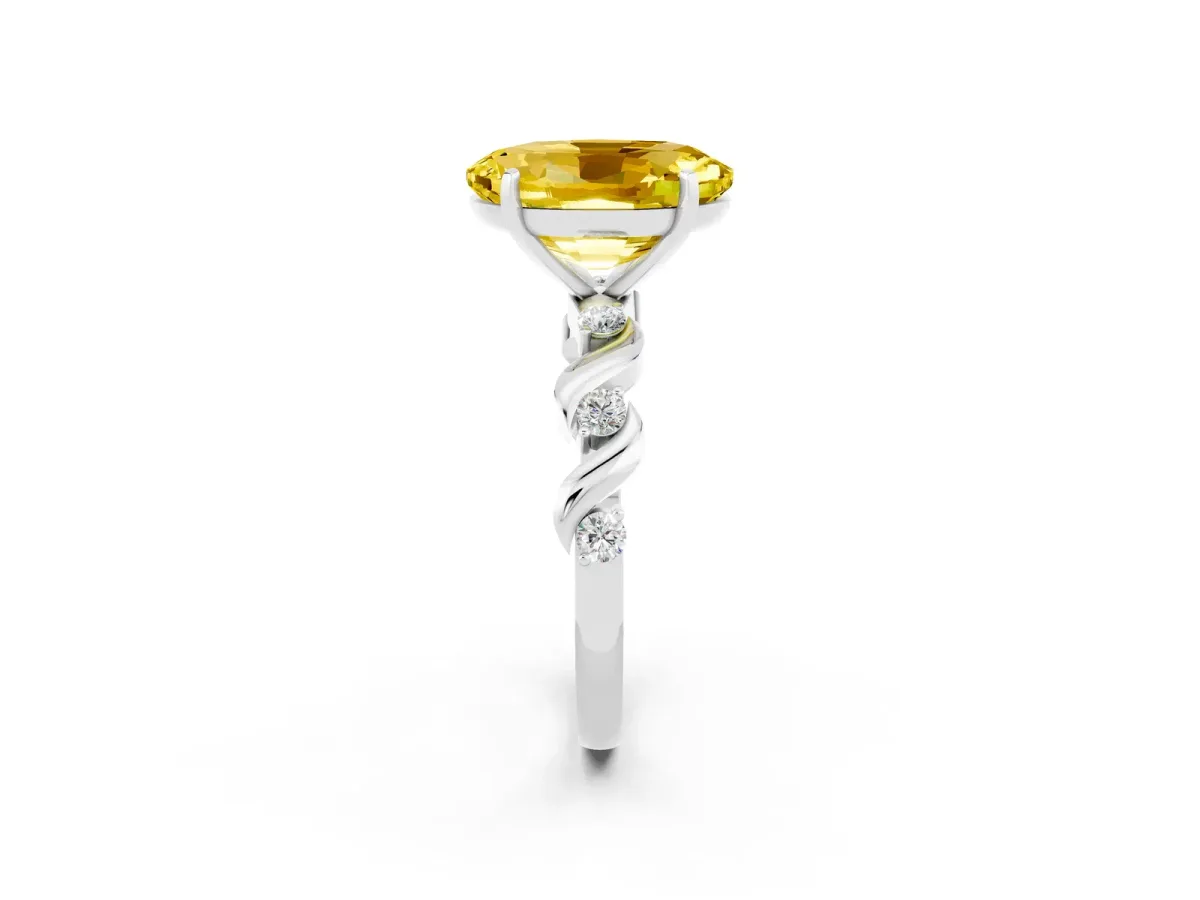 Oval Cut Yellow Sapphire Solitaire Twisted Band with Round Accents and Prong Setting White gold