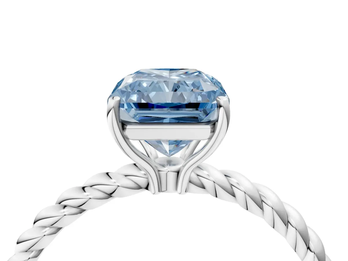 Fancy Blue Radiant Cut Solitaire Twisted Band 4-Prong Ring Platinum