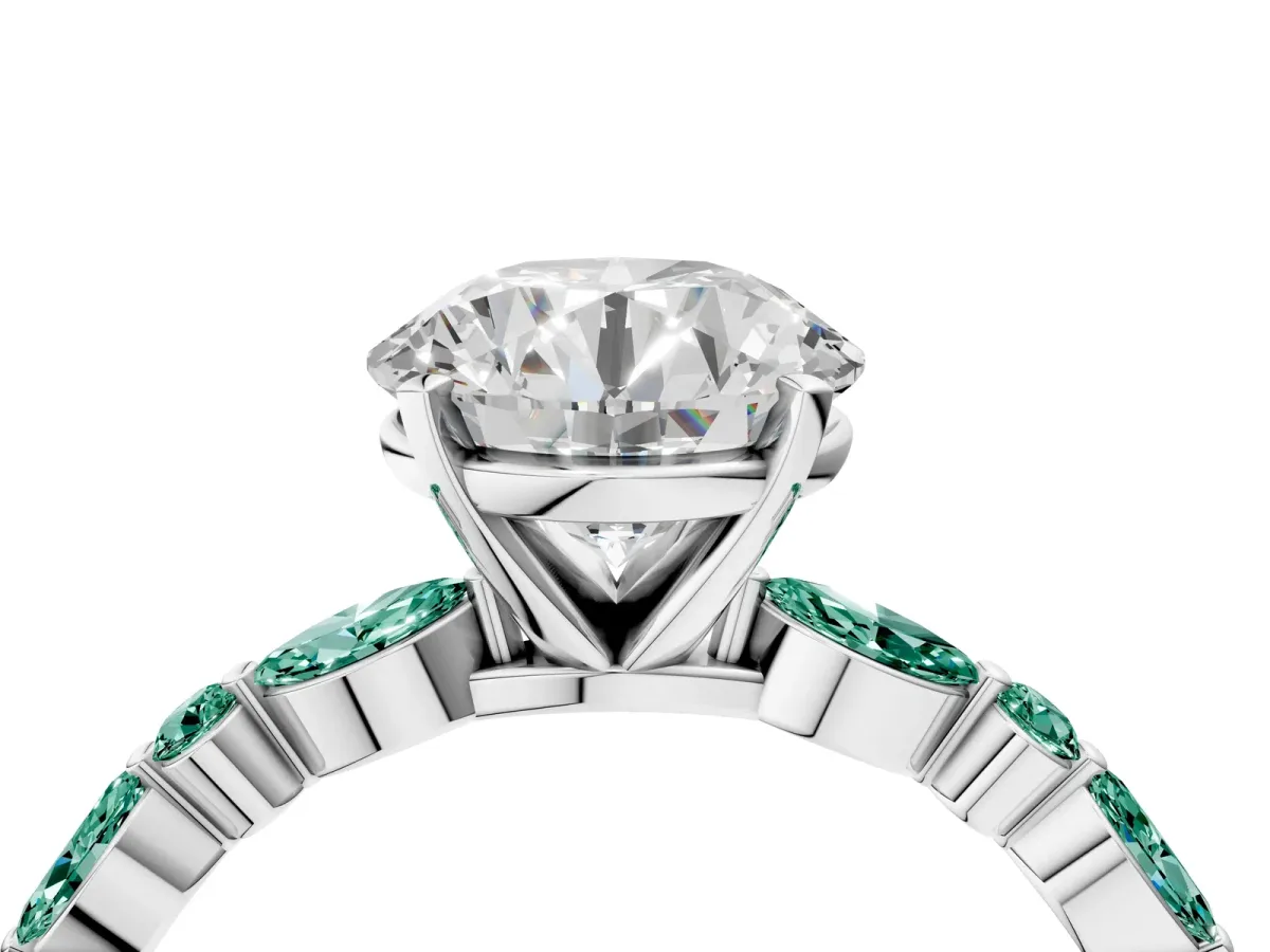 Round Cut Diamond Ring with Marquise and Round Green Sapphire Side Stones and Four-Prong Setting Platinum