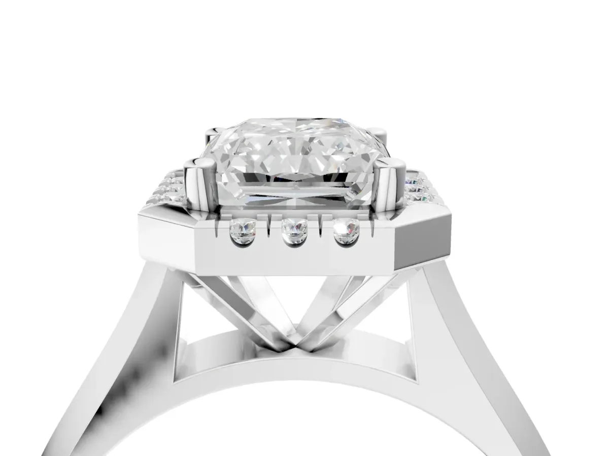 Radiant Cut Cut Halo Solitaire Engagement Ring with Square Band and Four-Prong Setting White gold