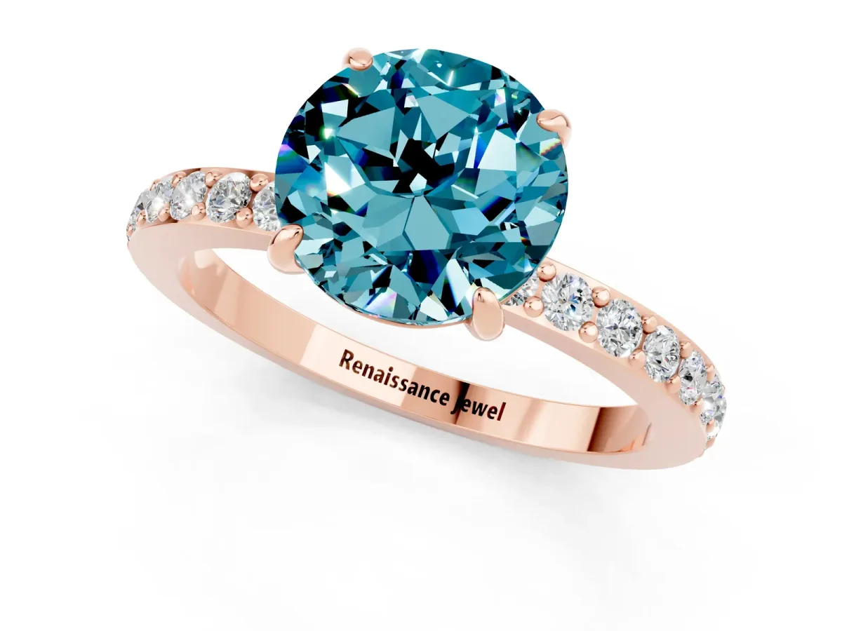Round Cut Blue Topaz Solitaire Engagement Ring with Pavé Band and Four-Prong Setting Rose gold