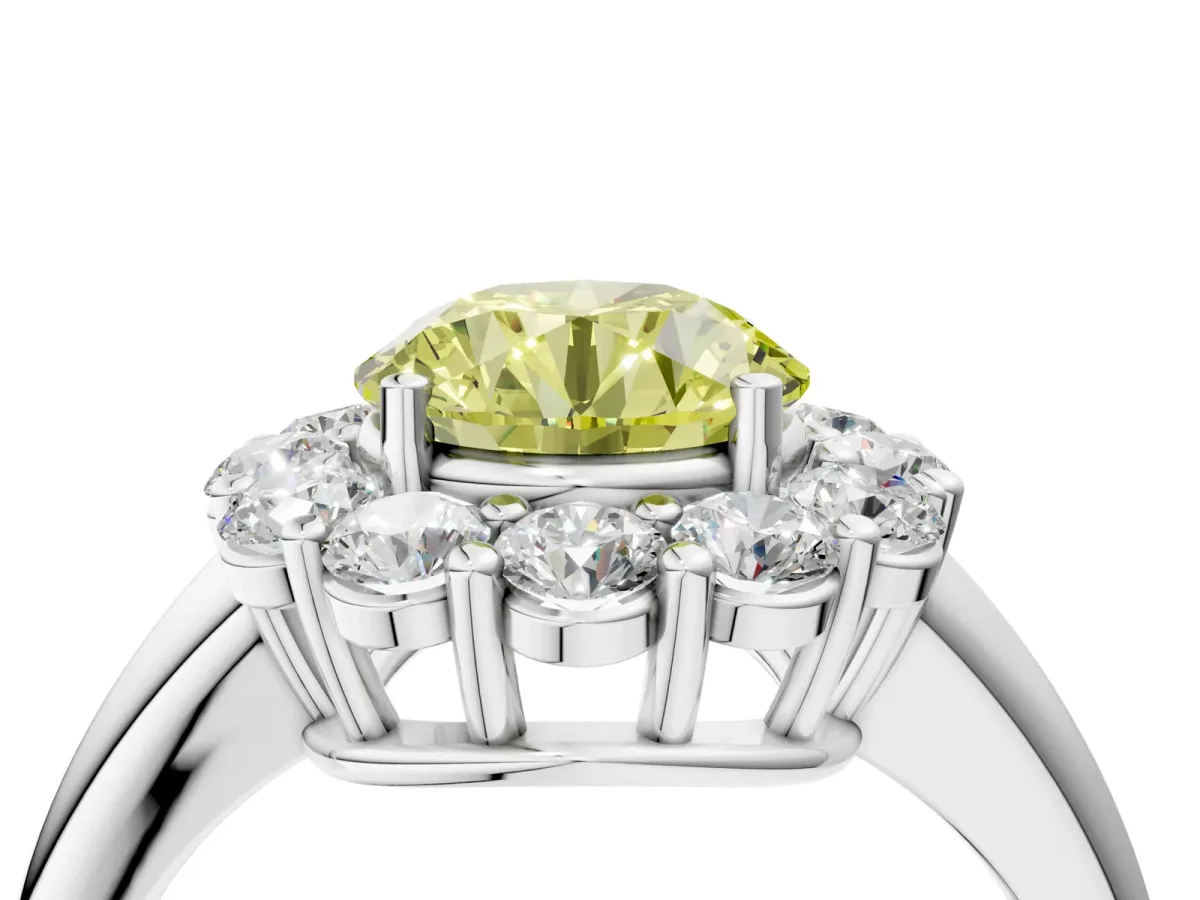Fancy Yellow Round Cut Halo Cluster Diamond Engagement Ring with Prong Setting and Polished Band White gold