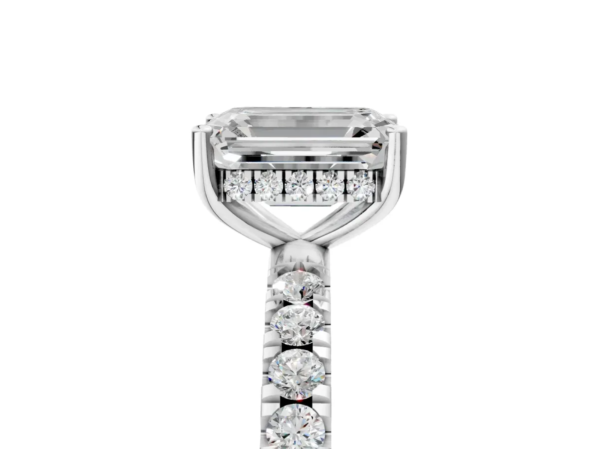 Emerald Cut Diamond Pave Band Solitaire Ring with Round and Prong Setting White gold