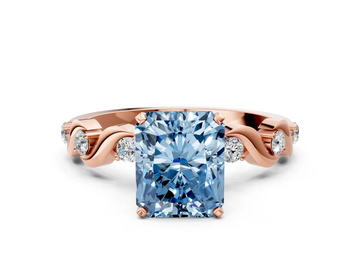 Fancy Blue Radiant Cut Diamond Solitaire Twisted Band with Round Accents and Prong Setting Rose gold