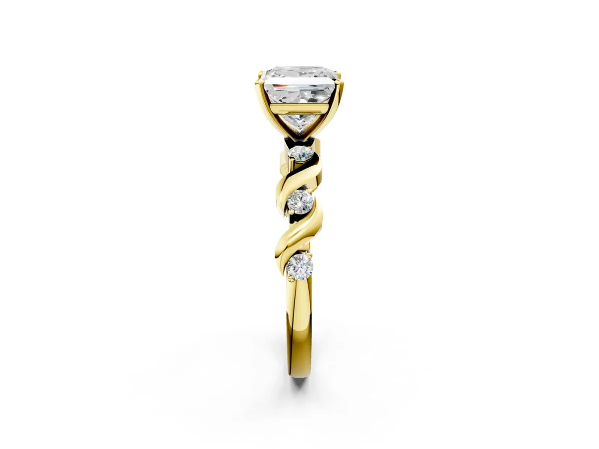 Princess Cut Diamond Solitaire Twisted Band with Round Accents and Prong Setting Yellow gold