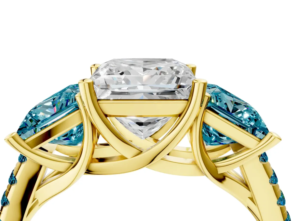 Three-Stone Princess Cut Diamond Ring with Round Blue Topaz Pavé Band and Prong Setting Yellow gold