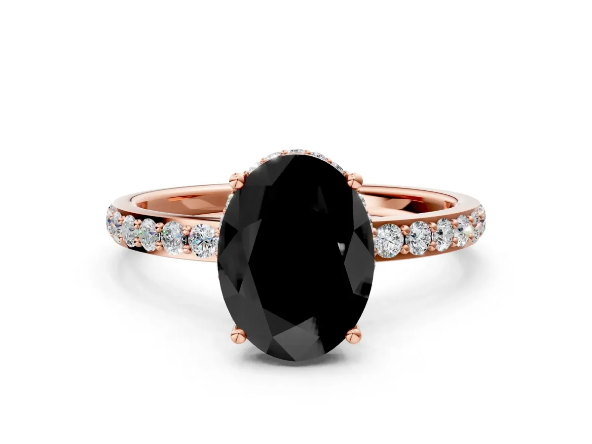 Fancy Black Oval Cut Diamond Solitaire Ring with Pavé Band and Hidden Halo Rose gold