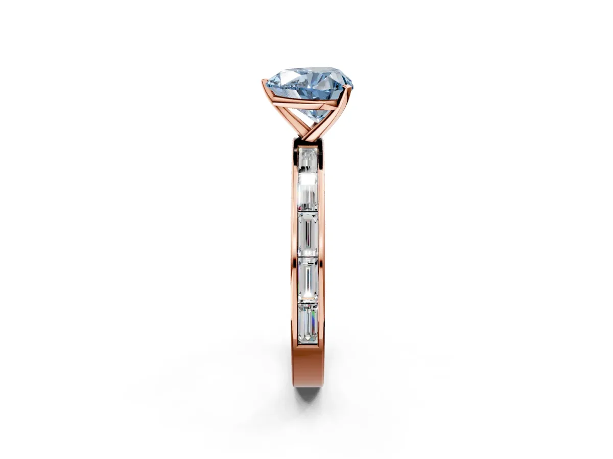 Fancy Blue Heart Cut Solitaire Diamond Ring with Channel-Set Baguette Band and Four-Prong Setting Rose gold