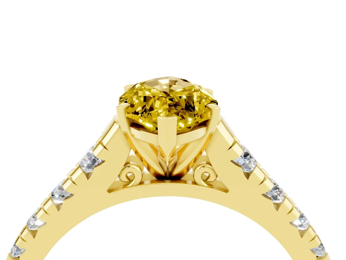 Marquise Cut Yellow Sapphire Cathedral Solitaire Ring with Round Pavé Band Yellow gold