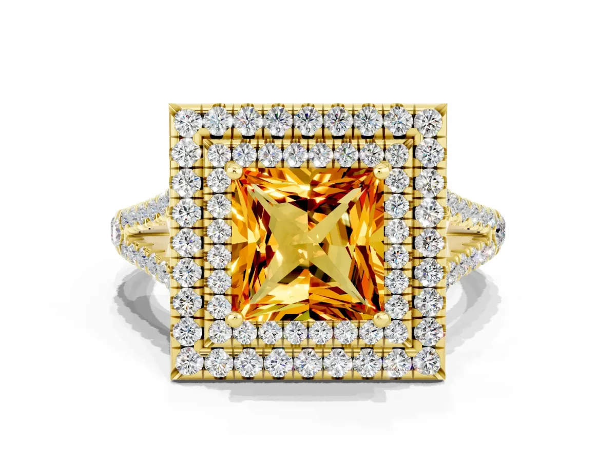 Princess Cut Citrine Double Halo Ring with Pavé Band and Prong Setting Yellow gold