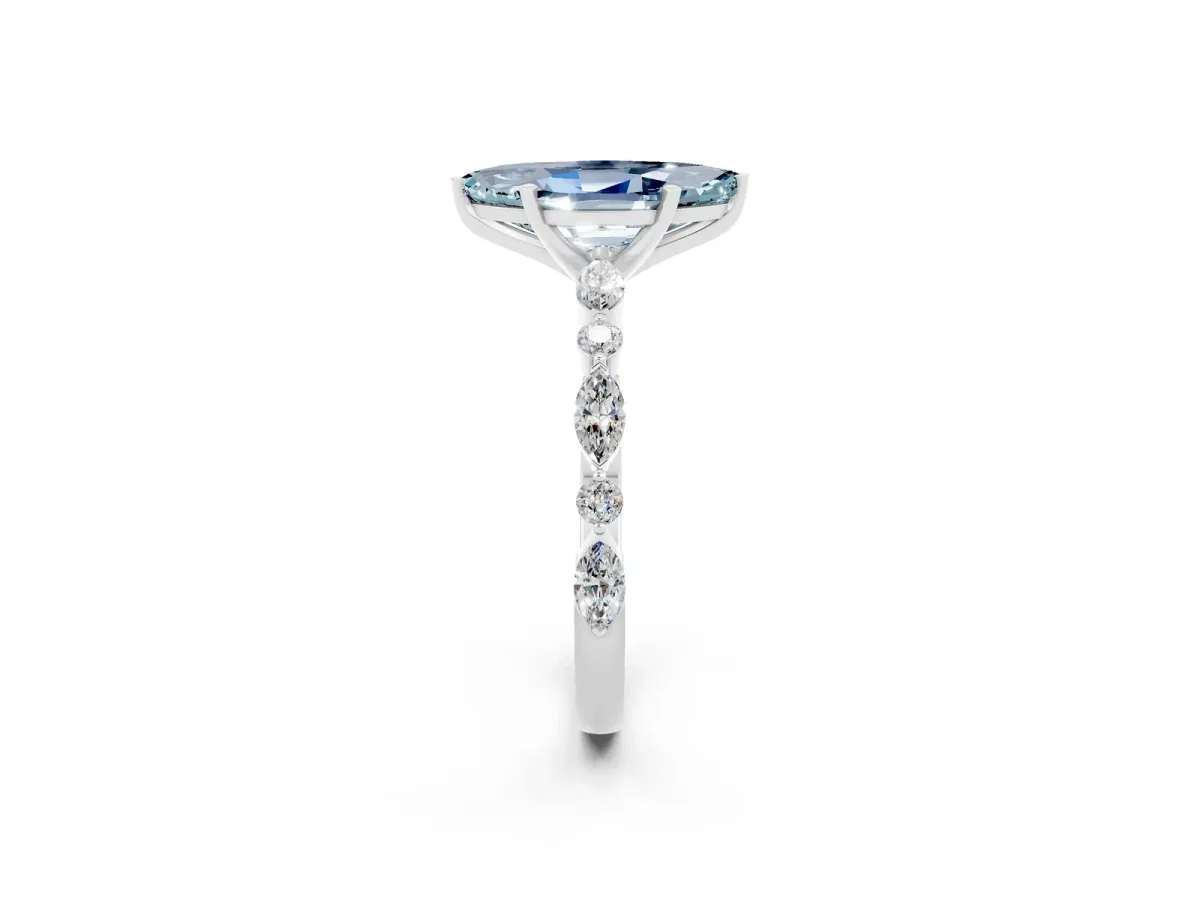 Marquise Cut Aquamarine Ring with Marquise and Round Side Stones and Four-Prong Setting Platinum
