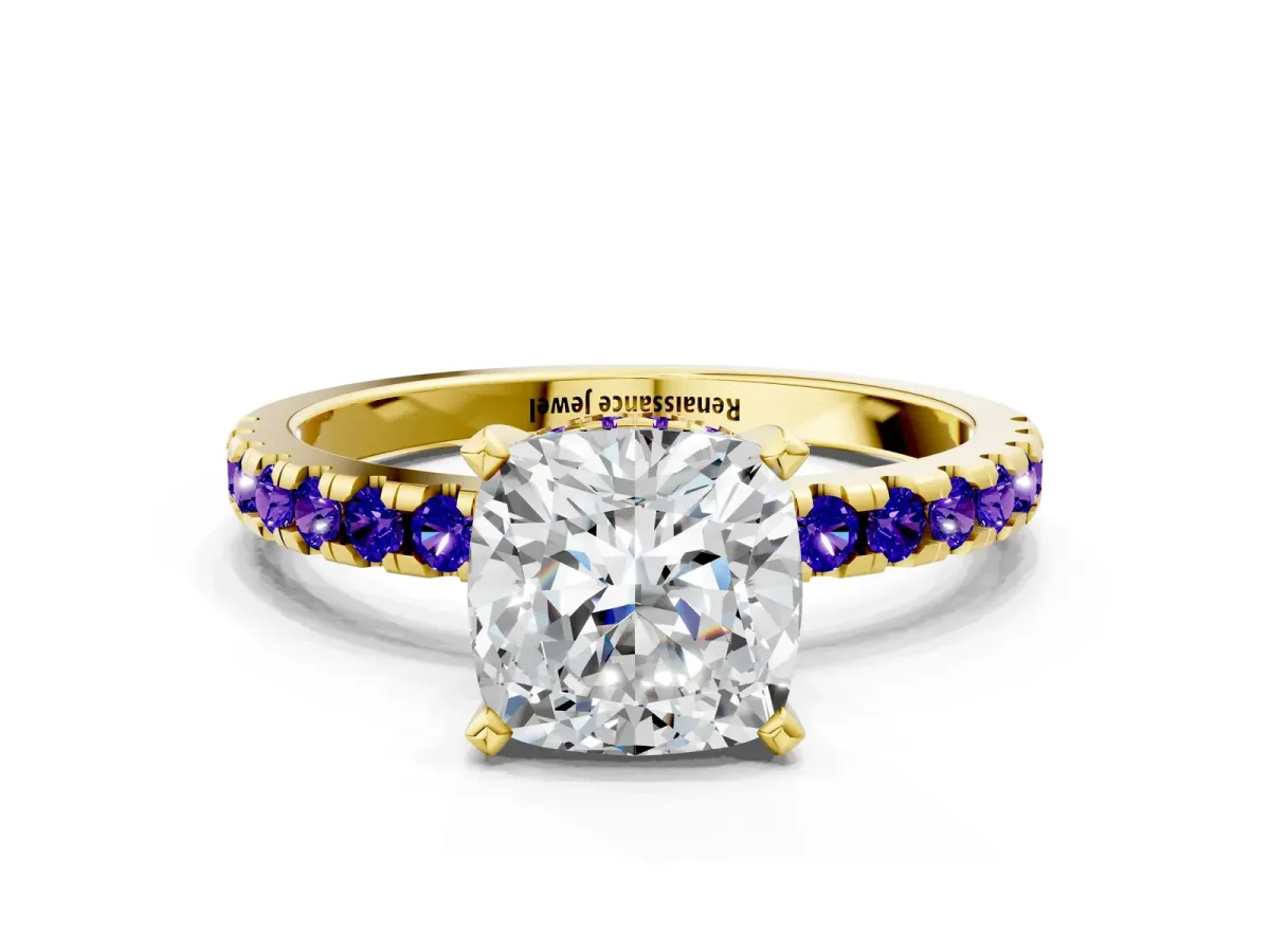 Cushion Cut Diamond Solitaire Ring with Round Tanzanite Pavé Band and Four-Prong Setting Yellow gold