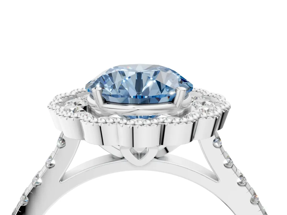 Fancy Blue Round Cut Cut Diamond Milgrain Floral Halo Engagement Ring with Pavé Band Silver
