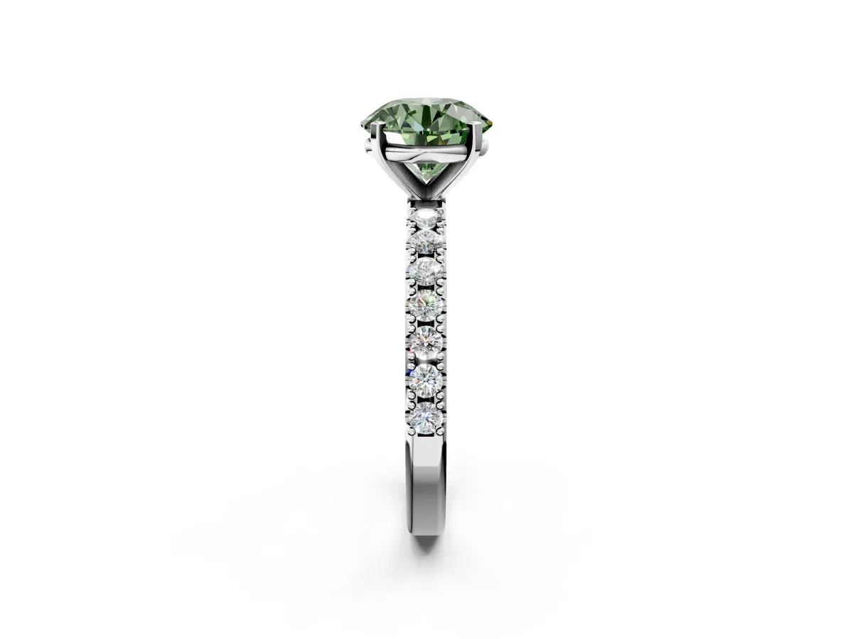 Fancy Green Round Cut Diamond Solitaire Pavé Band with Four-Prong Setting Platinum
