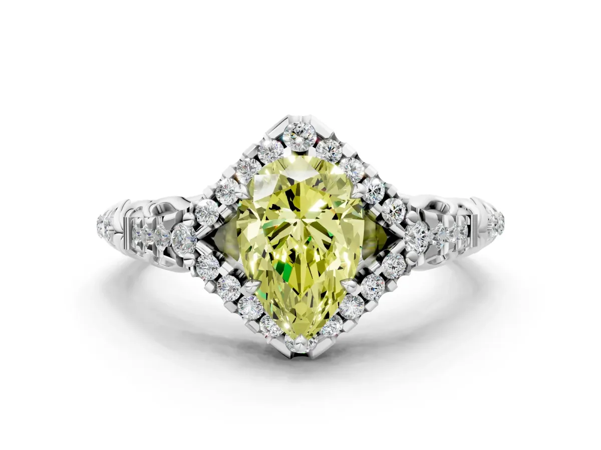 Fancy Yellow Pear Cut Diamond Solitaire Ring with Hidden Halo and Pavé Band White gold