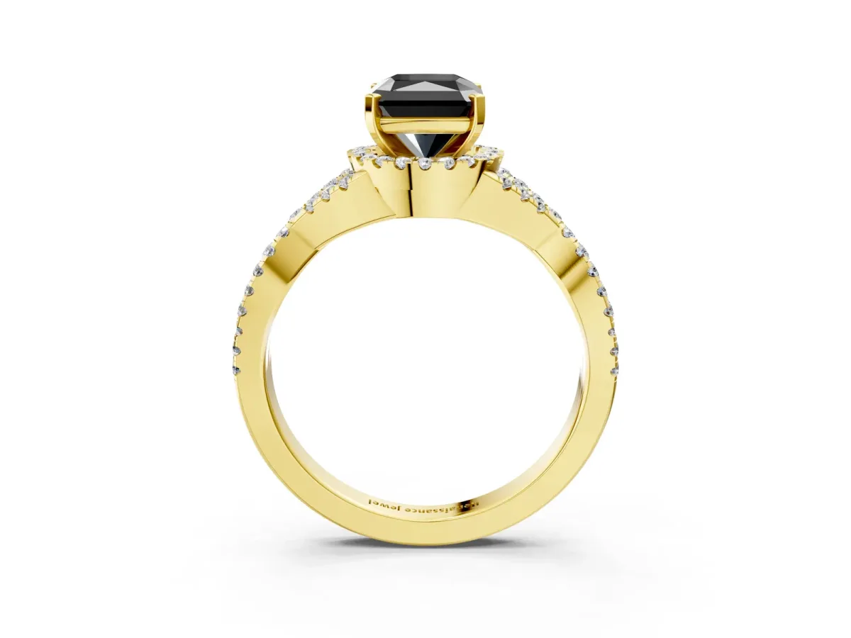 Fancy Black Radiant Cut Diamond Halo Twist Band Solitaire Prong Setting Ring Yellow gold