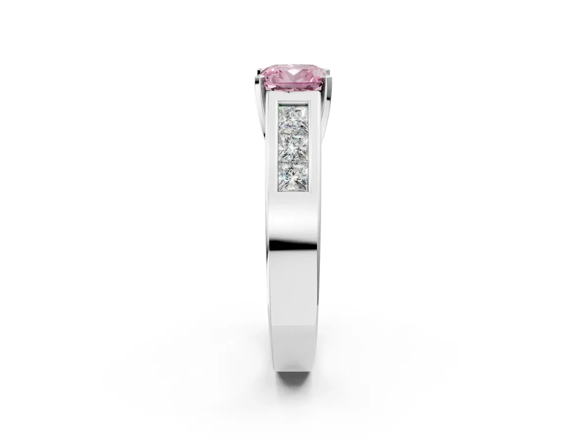 Fancy Pink Cushion Cut Cut Channel Set Solitaire Ring with Four-Prong Setting Platinum