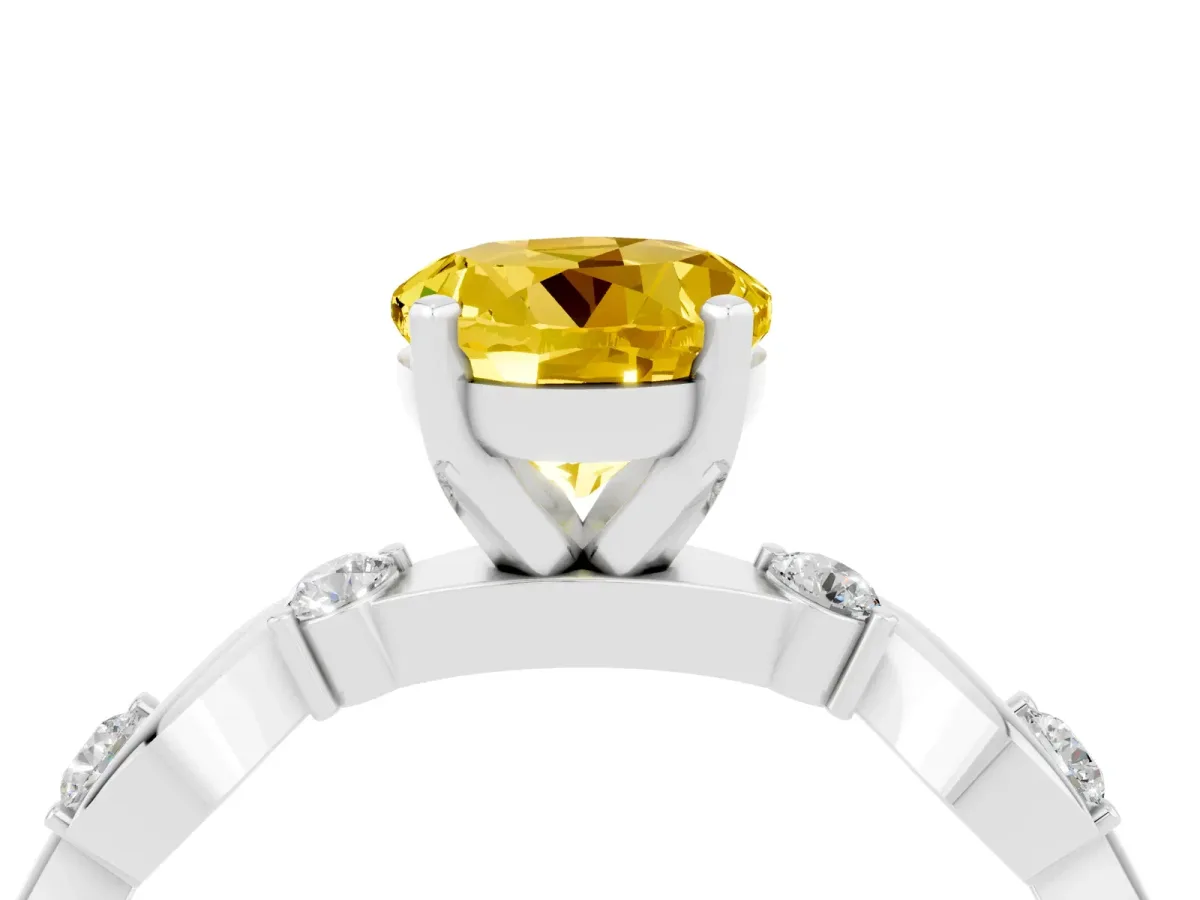 Round Cut Yellow Sapphire Solitaire Twisted Band with Round Accents and Prong Setting White gold