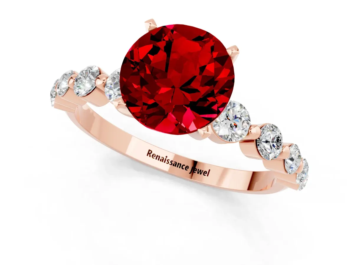 Round Cut Solitaire Ruby Ring with Pave Band and Four-Prong Setting Rose gold