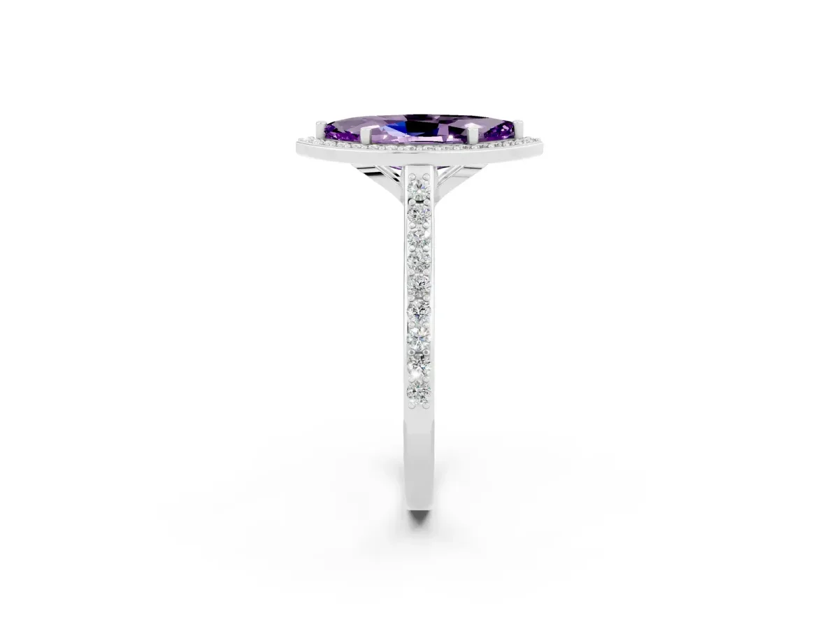 Marquise Cut Amethyst Halo Engagement Ring with Round Pavé Shoulders and Prong Setting Platinum