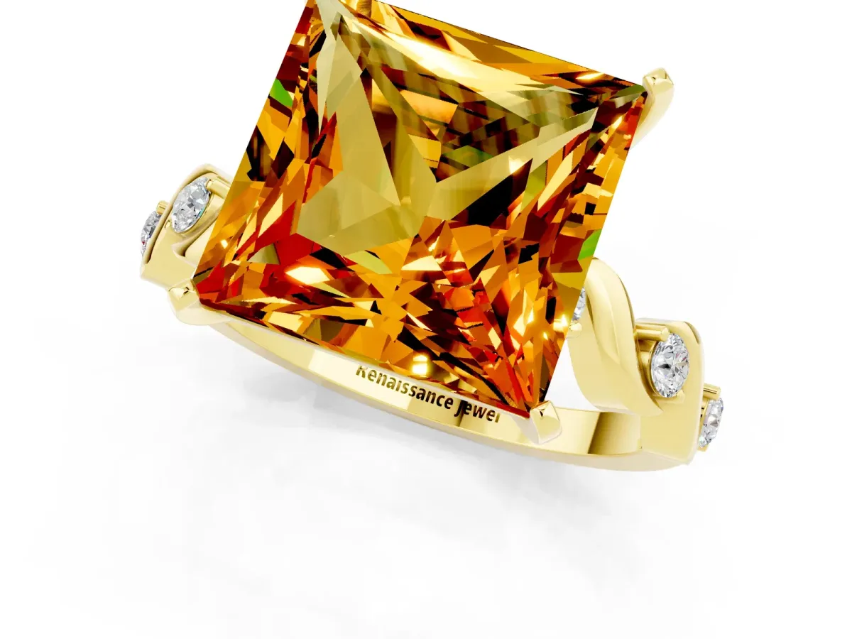 Princess Cut Citrine Solitaire Twisted Band with Round Accents and Prong Setting Yellow gold