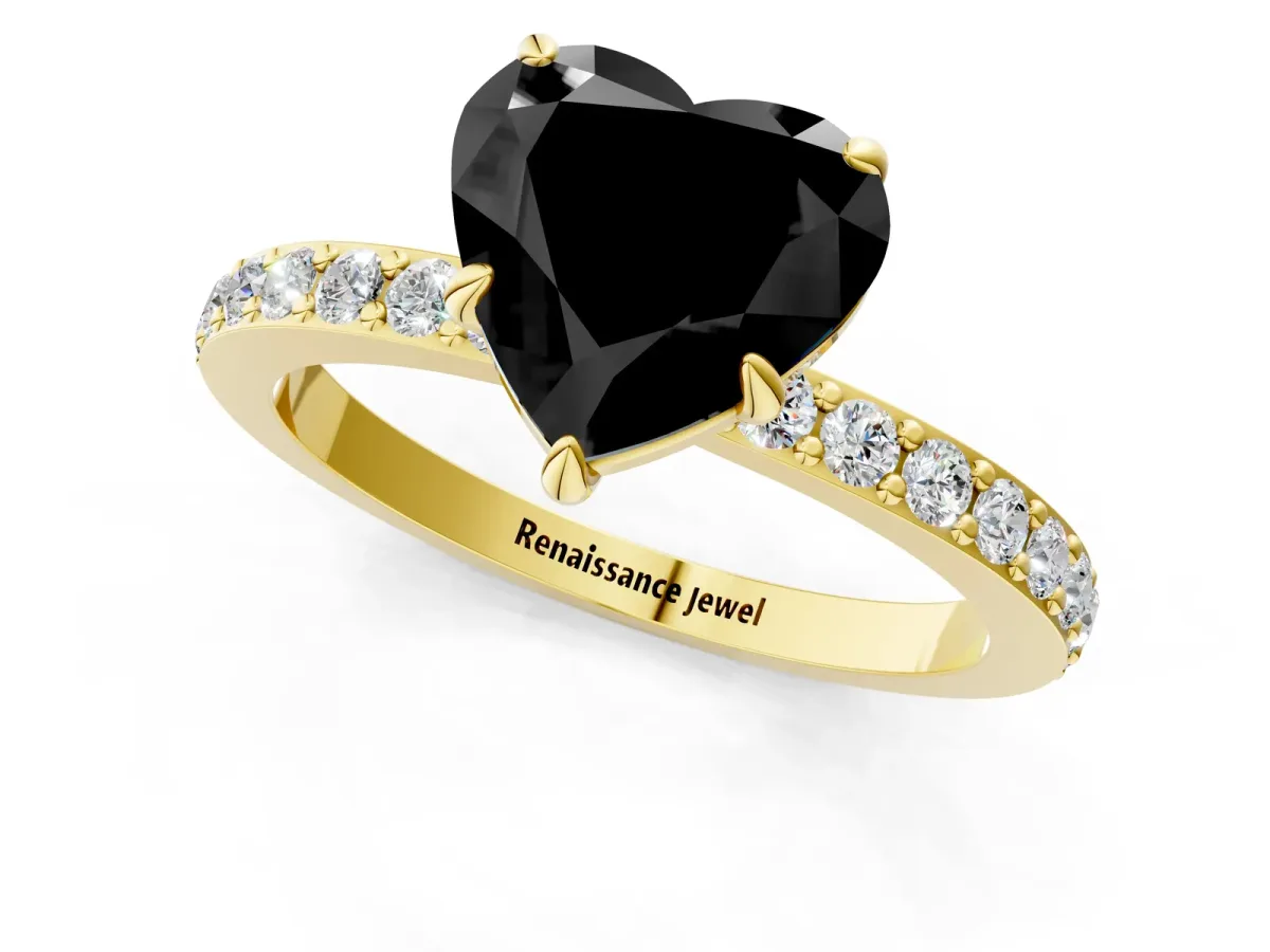 Fancy Black Heart Cut Diamond Solitaire Engagement Ring with Pavé Band and Four-Prong Setting Yellow gold
