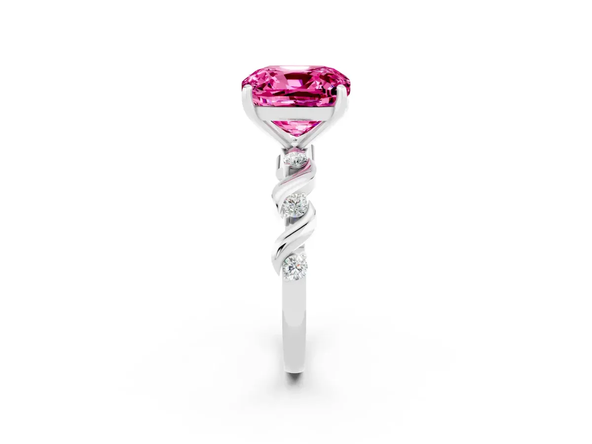 Cushion Cut Pink Sapphire Solitaire Twisted Band with Round Accents and Prong Setting White gold