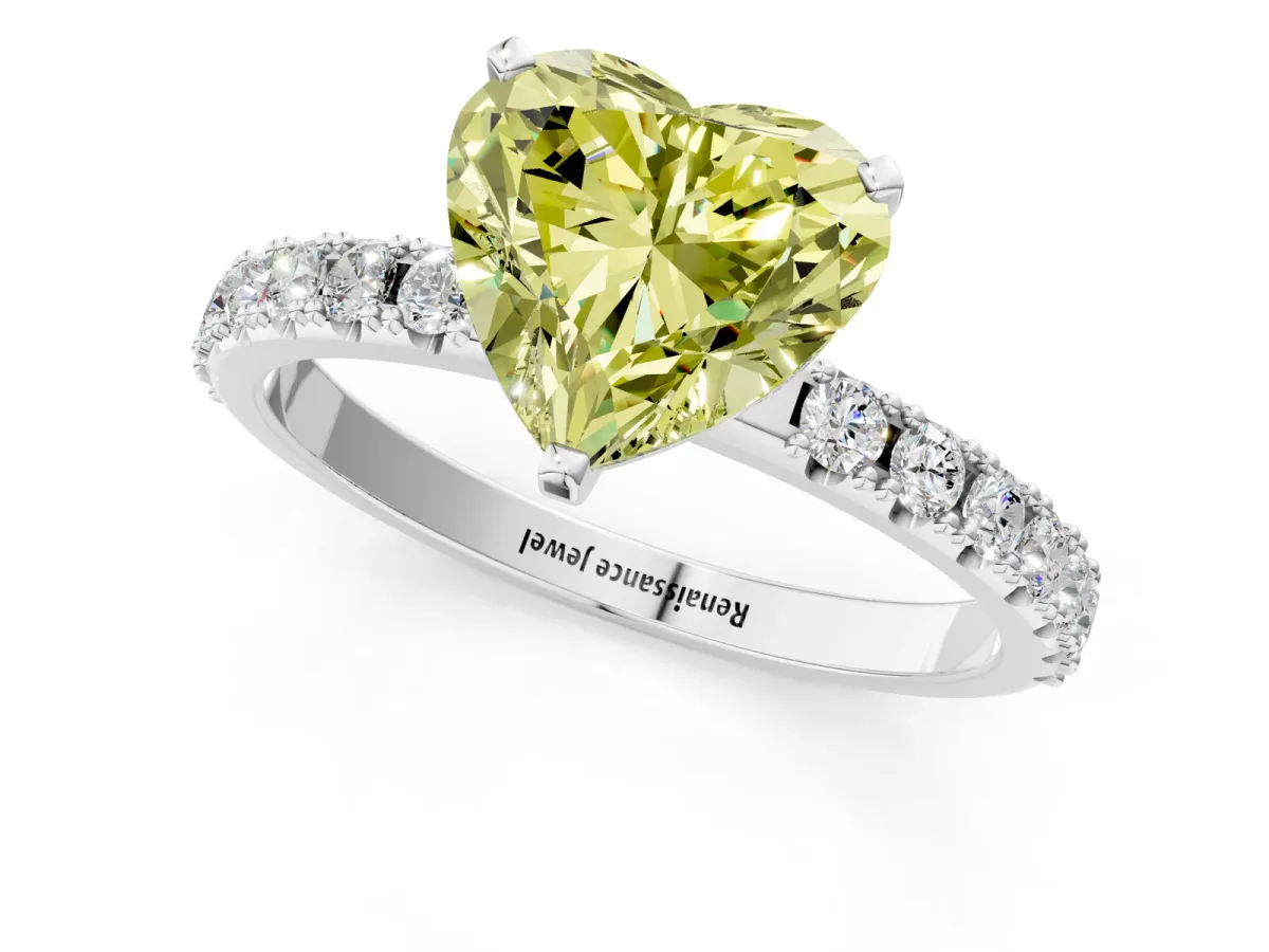 Fancy Yellow Heart Cut Diamond Solitaire Pavé Band with Four-Prong Setting Platinum