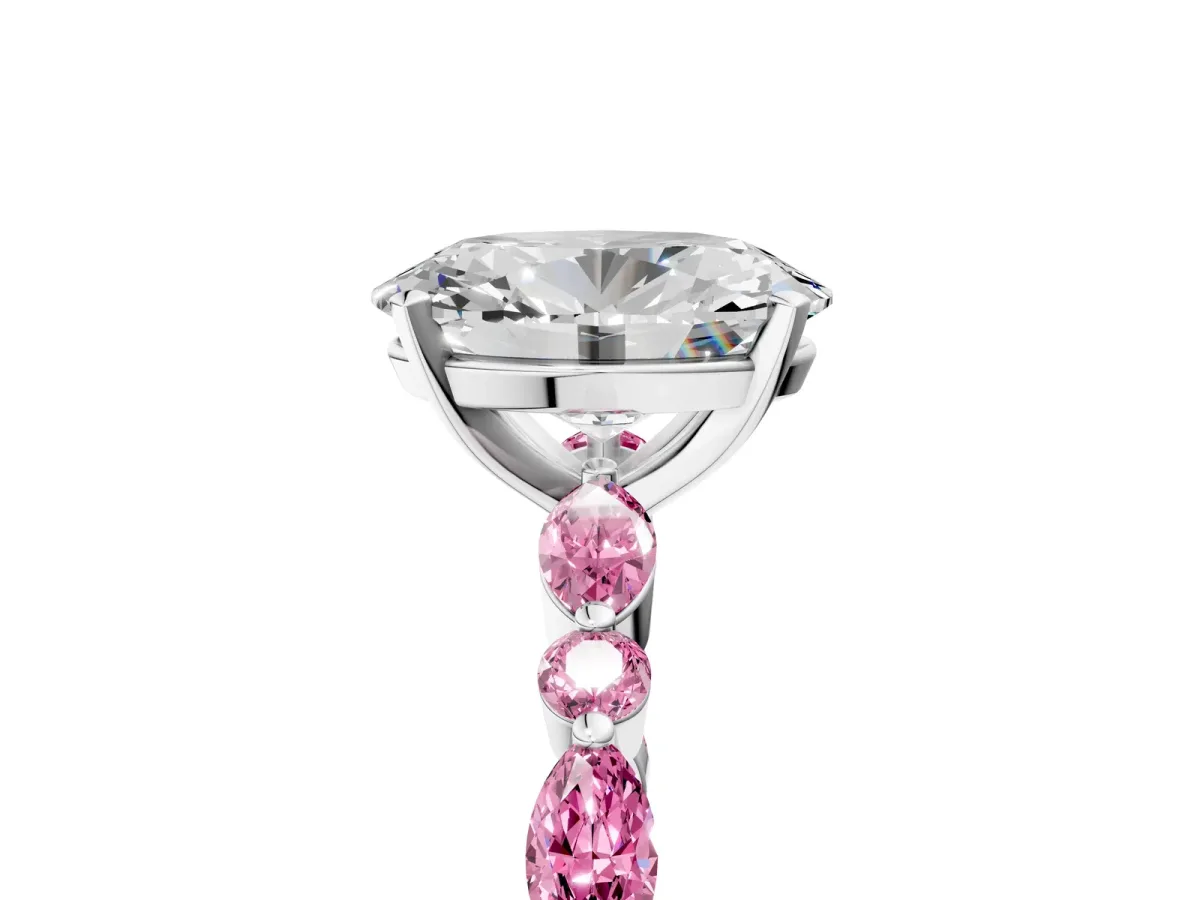 Oval Cut Diamond Ring with Marquise and Round Pink Sapphire Side Stones and Four-Prong Setting White gold