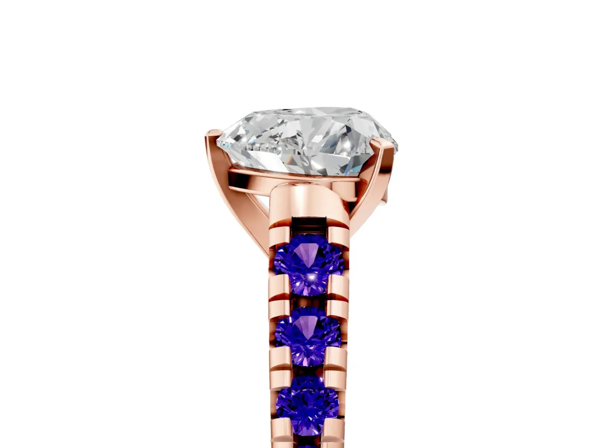 Heart Cut Diamond Cathedral Solitaire Ring with Round Tanzanite Pavé Band Rose gold