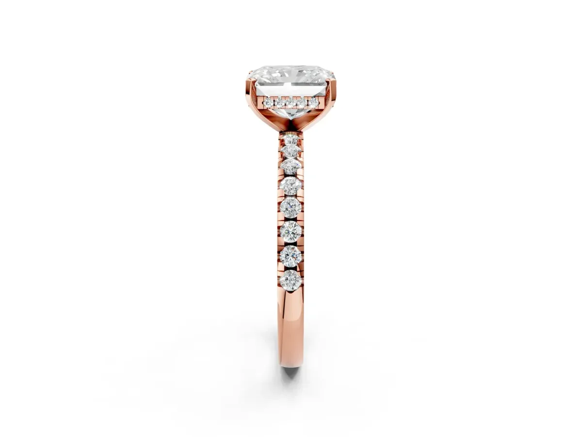 Radiant Cut Diamond Solitaire Ring with Round Moissanite Pavé Band and Four-Prong Setting Rose gold