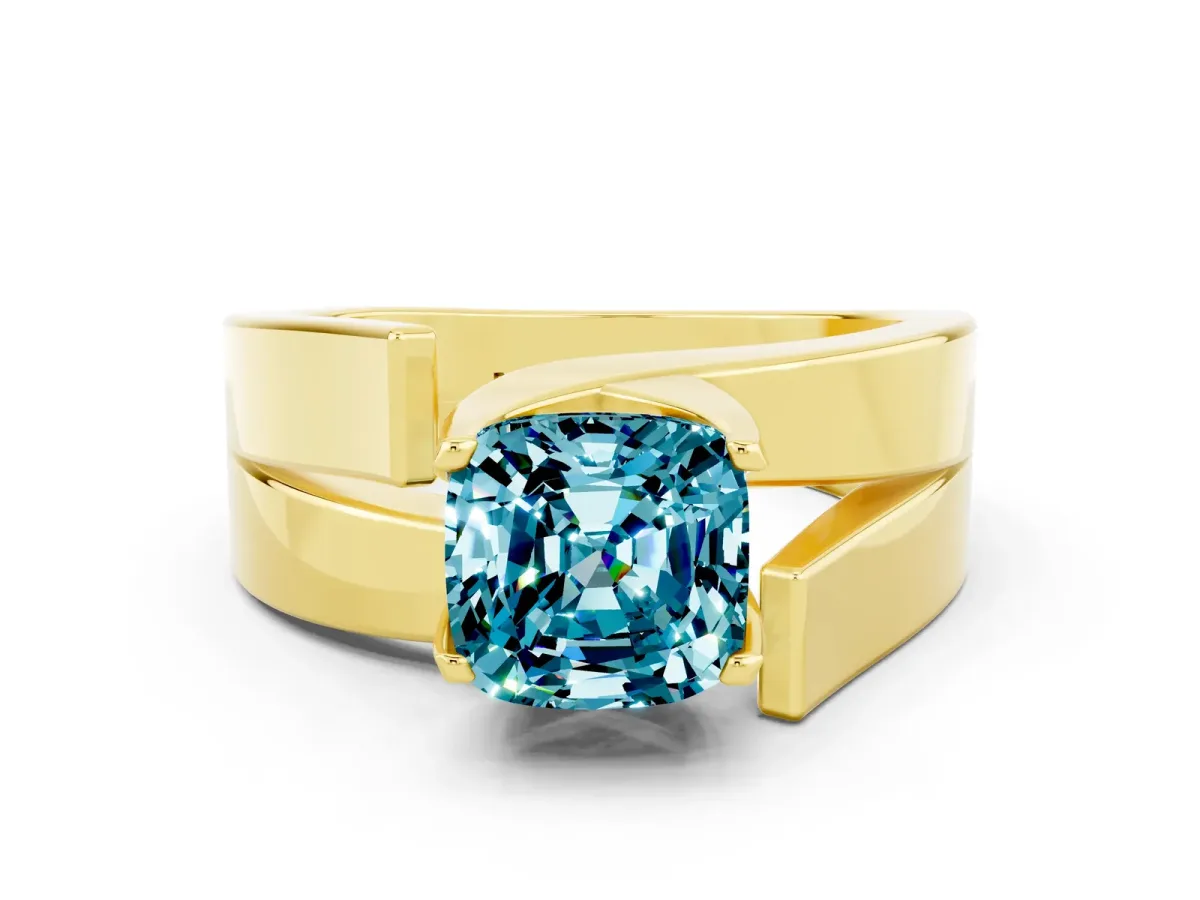 Modern Tension Set Cushion Cut Blue Topaz Solitaire Wide Band Ring Yellow gold