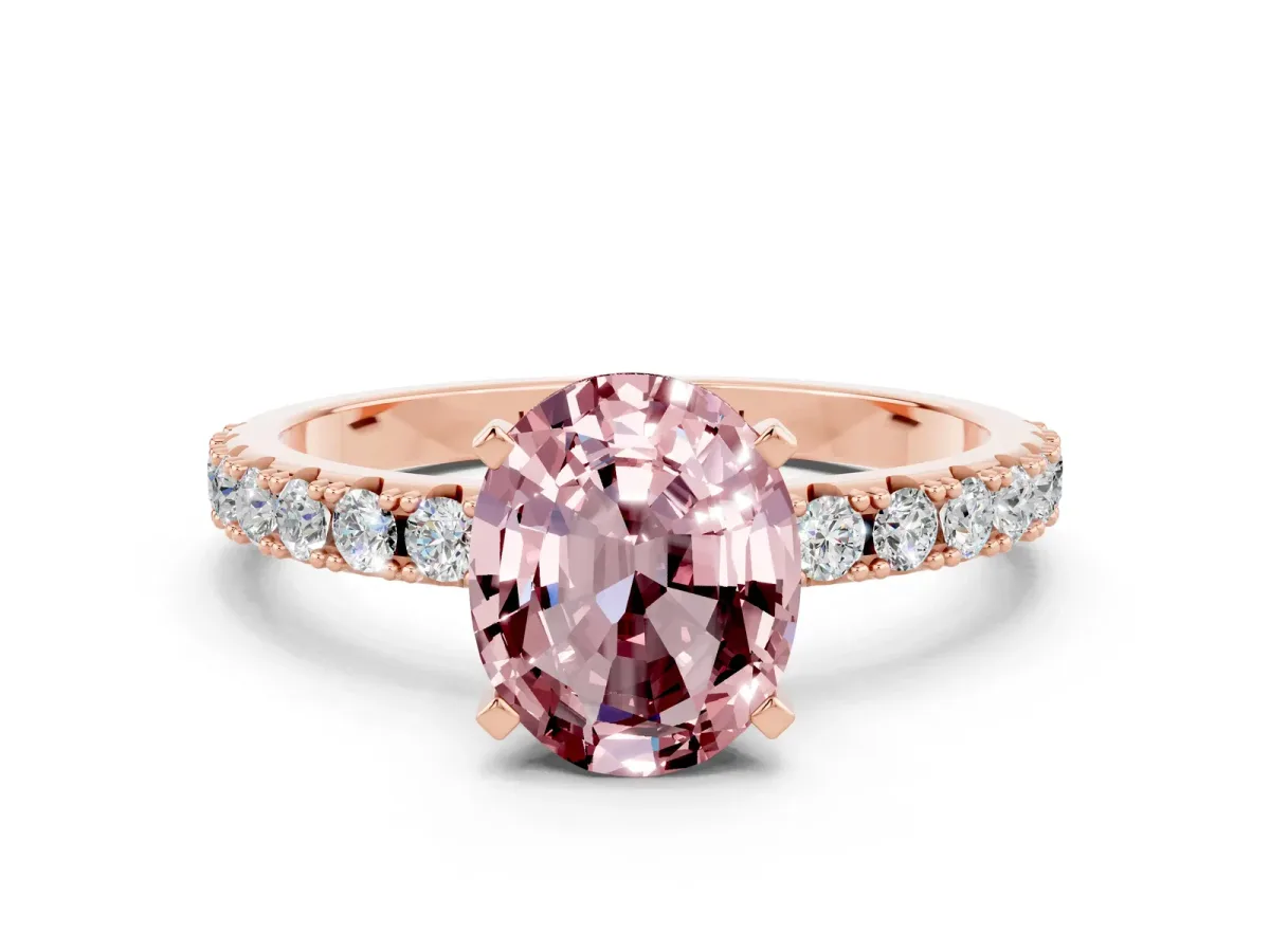 Oval Cut Morganite Solitaire Pavé Band with Four-Prong Setting Rose gold