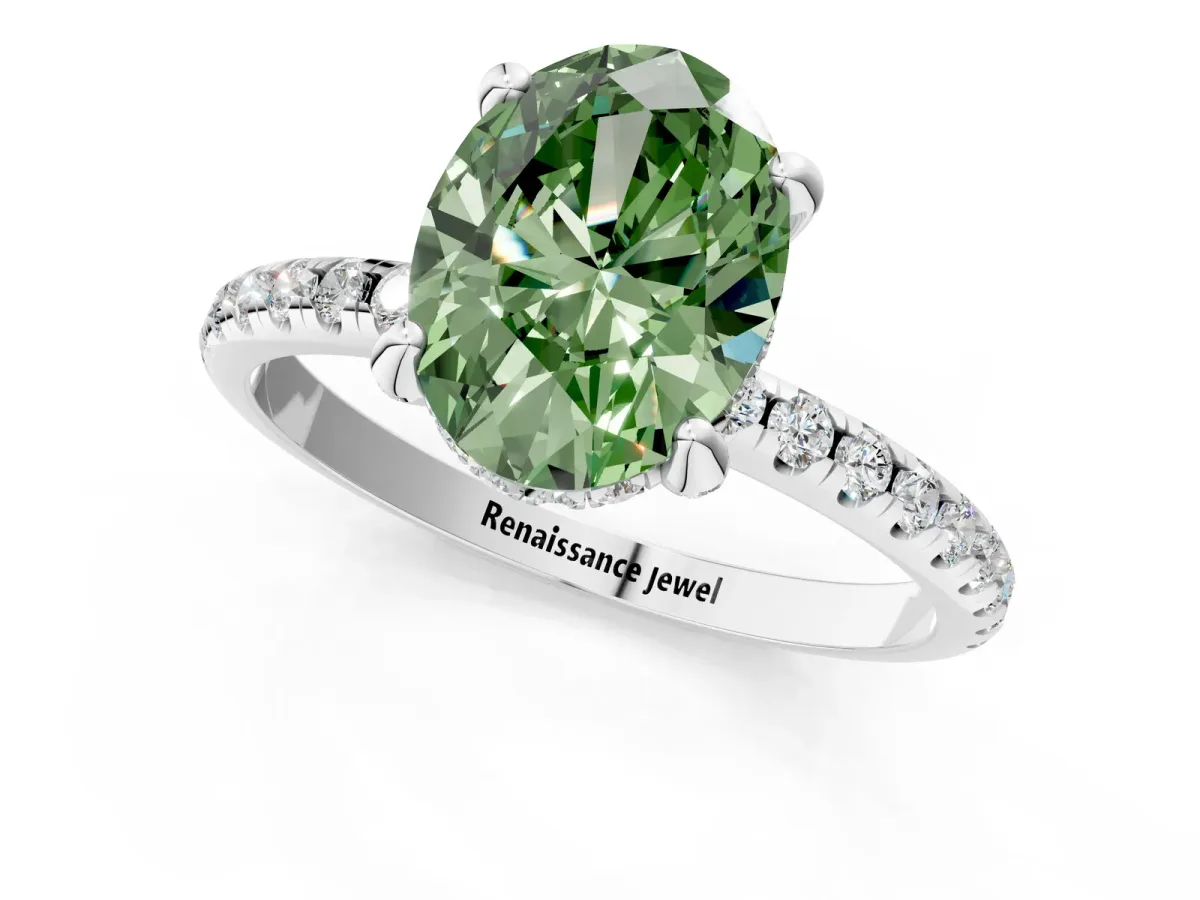 Fancy Green Oval Cut Diamond Hidden Halo Engagement Ring with Round Pavé Band and Prong Setting Silver