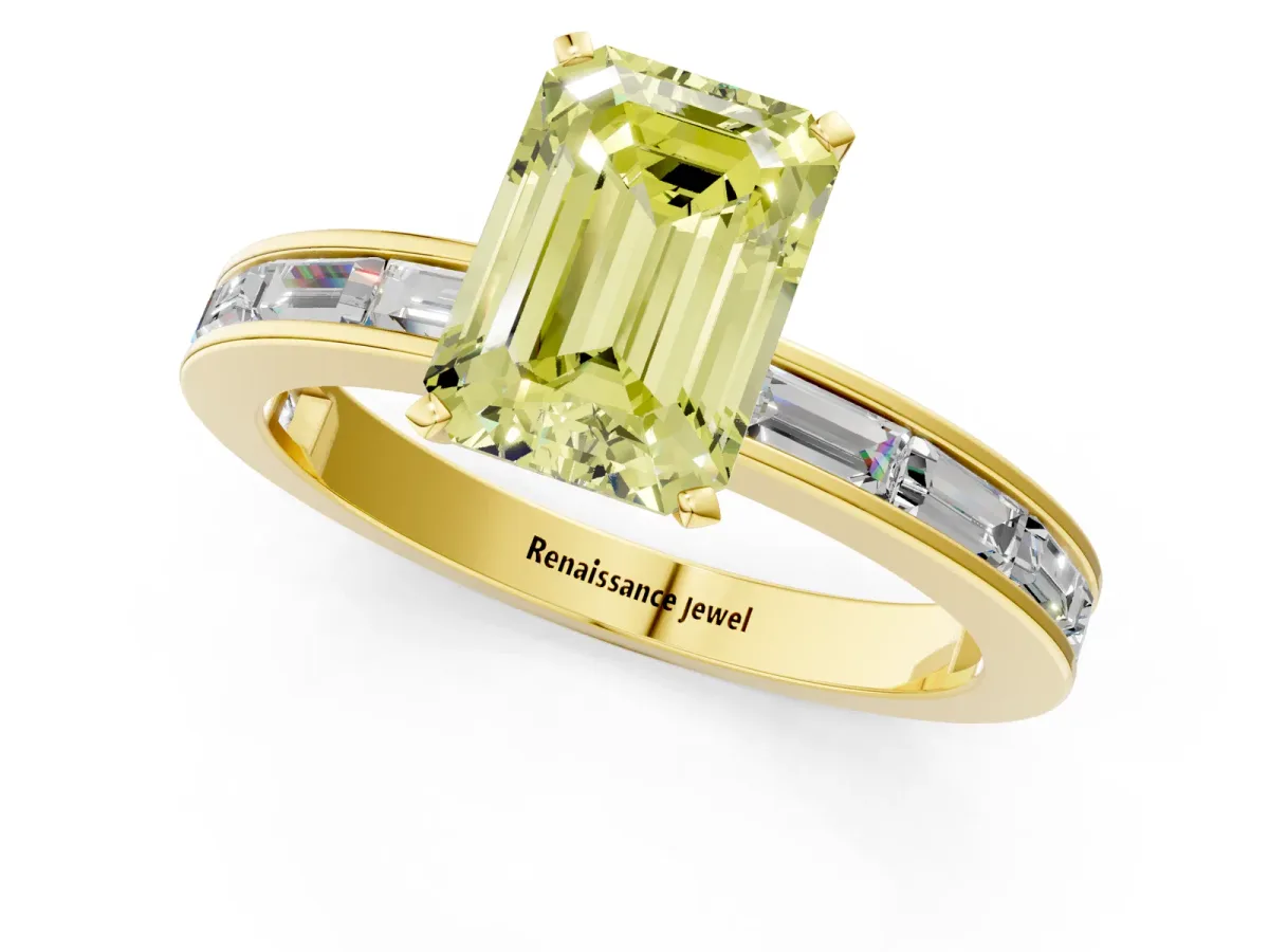 Fancy Yellow Emerald Cut Solitaire Diamond Ring with Channel-Set Baguette Band and Four-Prong Setting Yellow gold