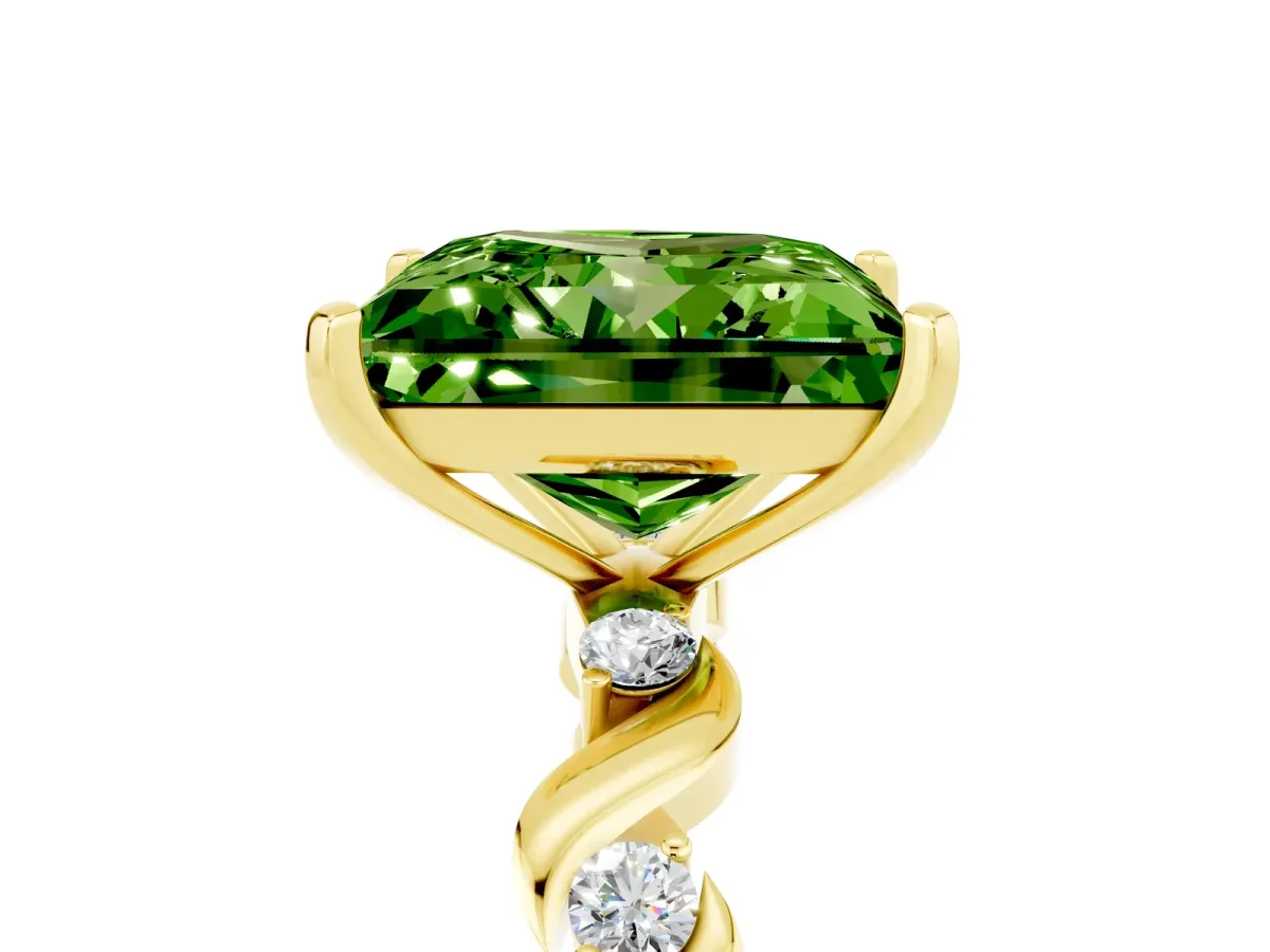 Princess Cut Peridot Solitaire Twisted Band with Round Accents and Prong Setting Yellow gold