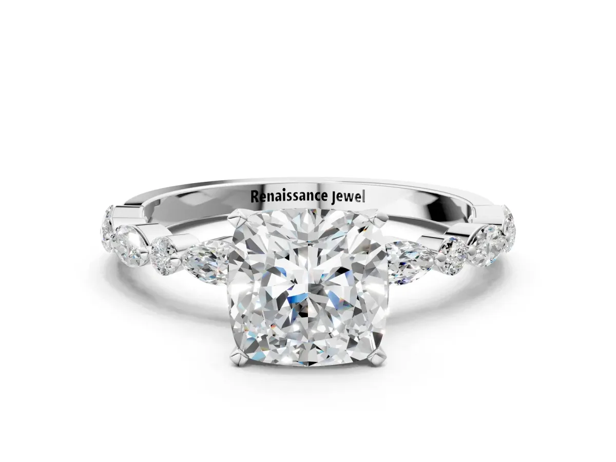 Cushion Cut Diamond Ring with Marquise and Round Moissanite Side Stones and Four-Prong Setting White gold