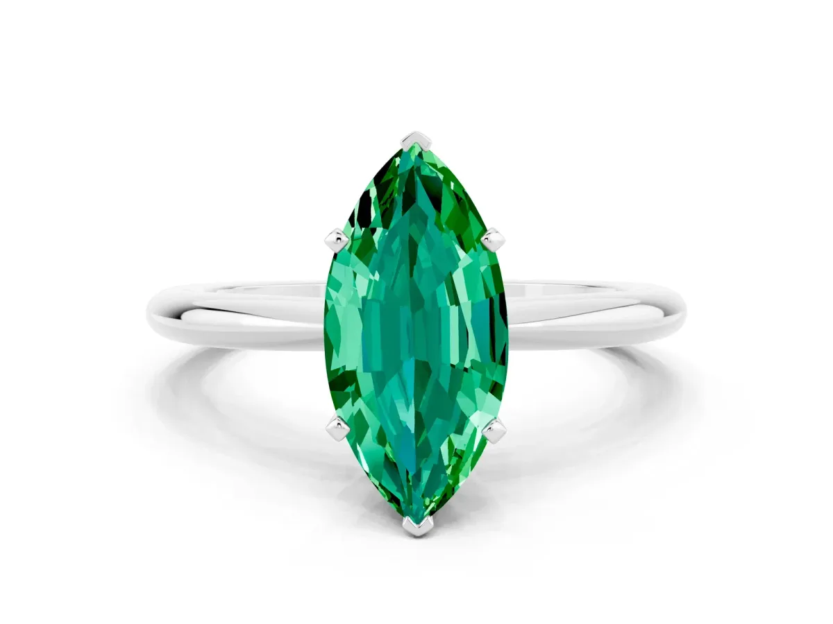 Marquise Cut Emerald Solitaire Ring with Six-Prong Setting and Classic Band White gold