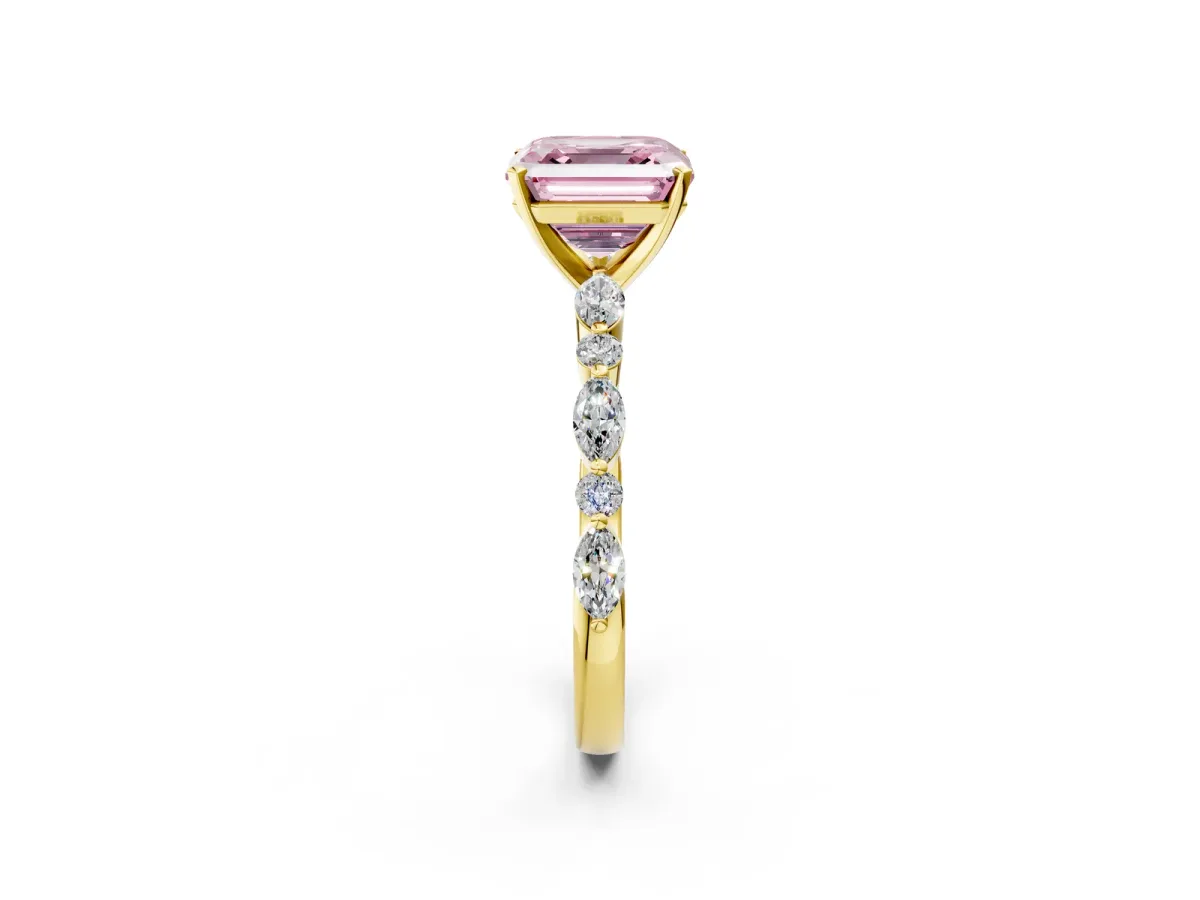 Fancy Pink Asscher Cut Diamond Ring with Marquise and Round Side Stones and Four-Prong Setting Yellow gold