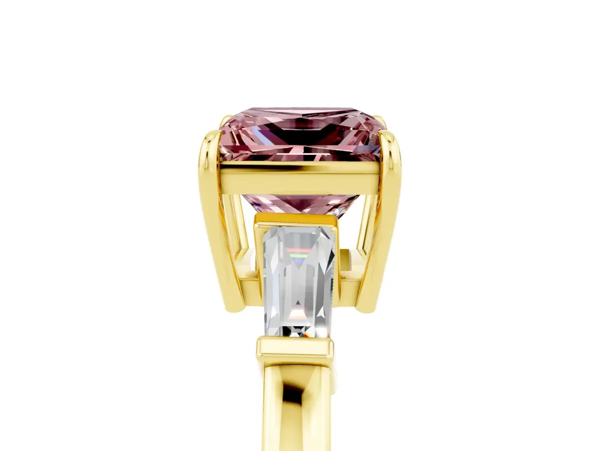 Princess Cut Morganite Three-Stone Ring with Tapered Baguette Side Stones and Prong Setting Yellow gold
