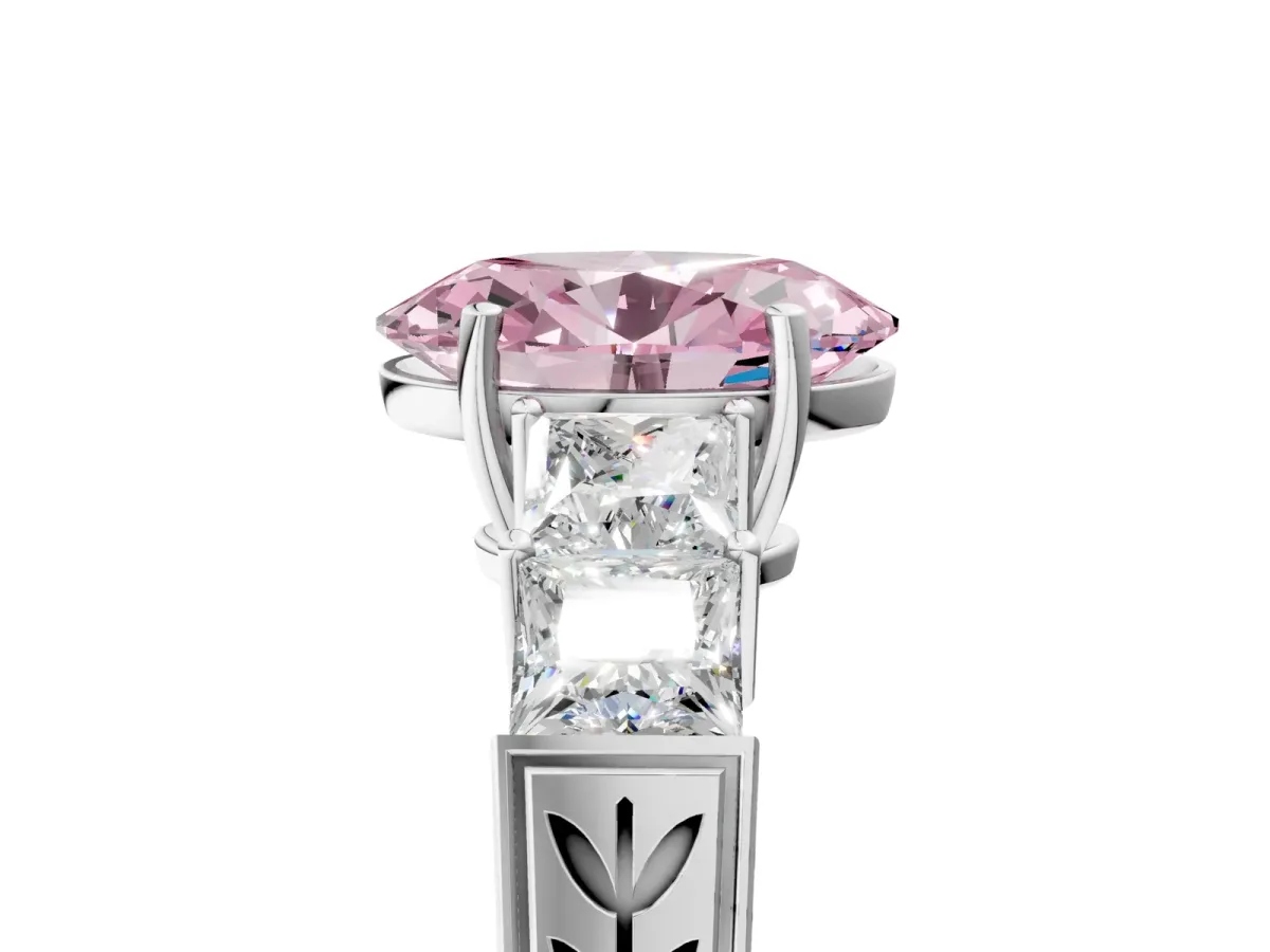 Fancy Pink Oval Cut Solitaire Princess Side Stone Engraved Band Prong Setting Ring Silver