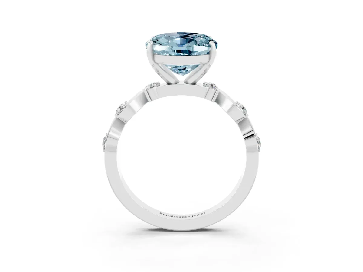 Oval Cut Aquamarine Solitaire Twisted Band with Round Accents and Prong Setting White gold