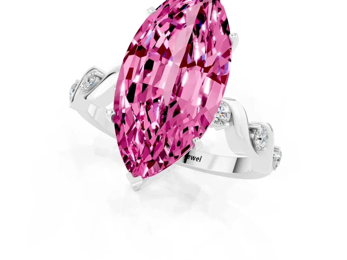 Marquise Cut Pink Sapphire Solitaire Twisted Band with Round Accents and Prong Setting Platinum