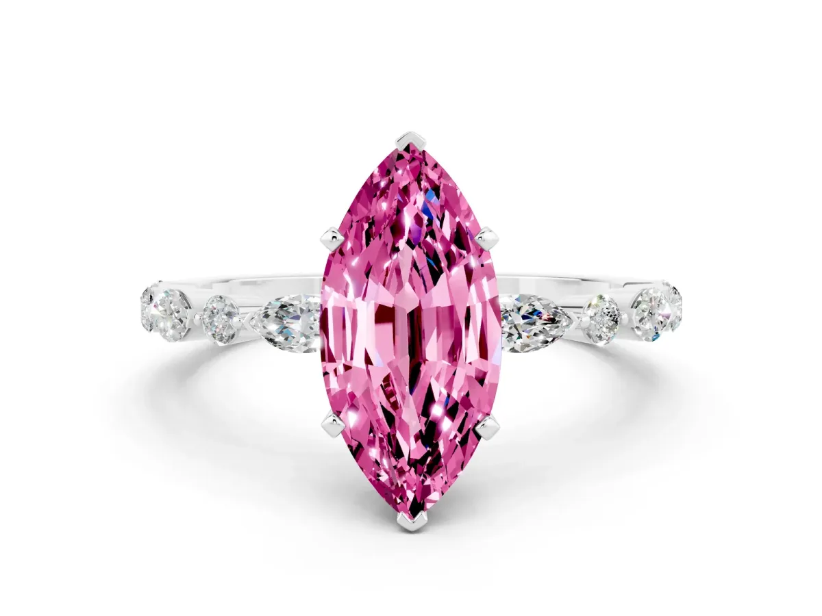 Marquise Cut Pink Sapphire Ring with Marquise and Round Side Stones and Four-Prong Setting White gold