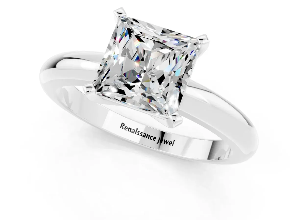 Princess Cut Moissanite Solitaire Engagement Ring with Round Band and Four-Prong Setting White gold