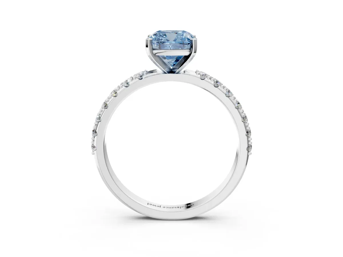 Fancy Blue Cushion Cut Diamond Solitaire Pavé Band with Four-Prong Setting Platinum