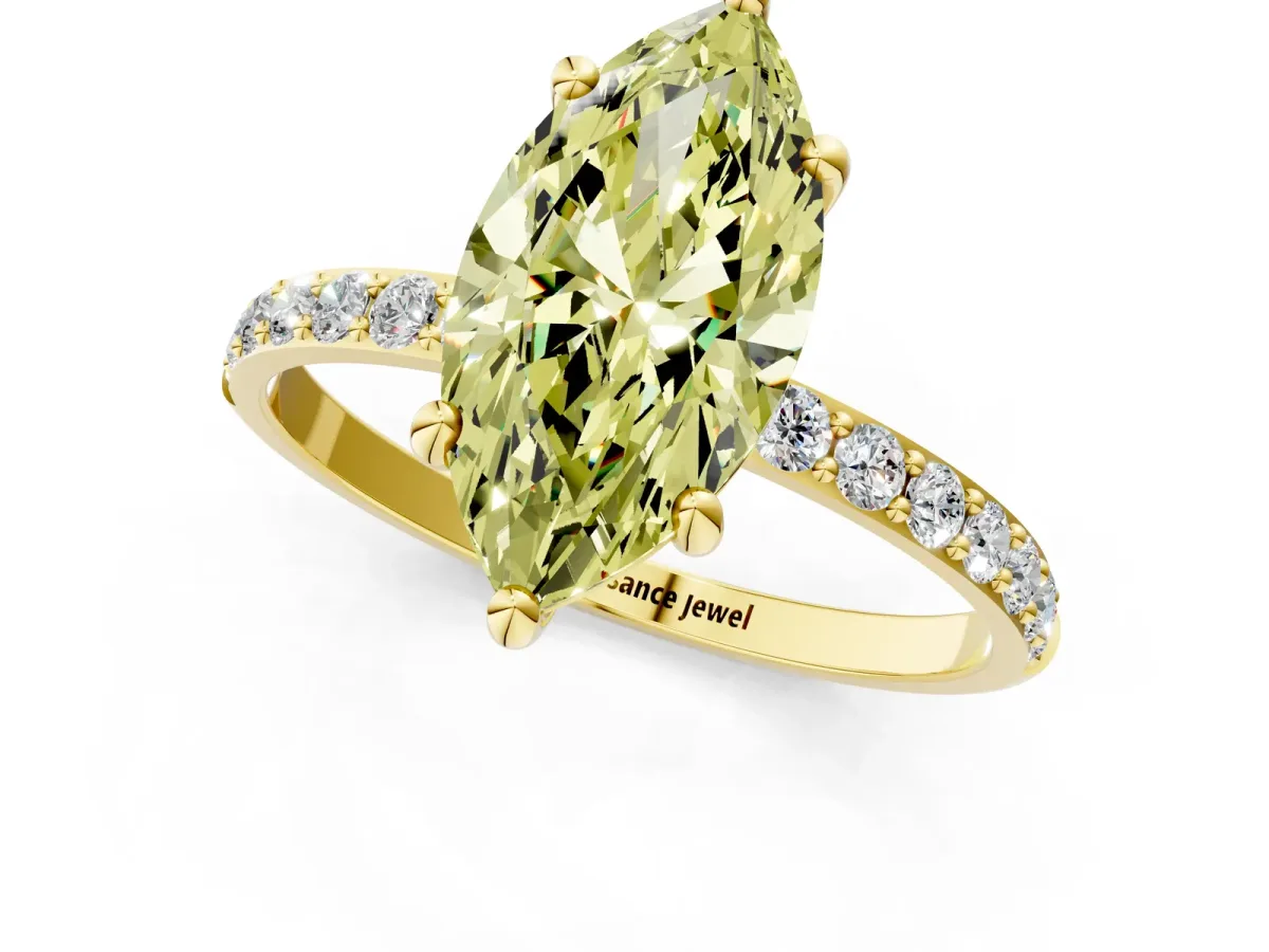 Fancy Yellow Marquise Cut Diamond Solitaire Ring with Round Pavé Band and Prong Setting Yellow gold