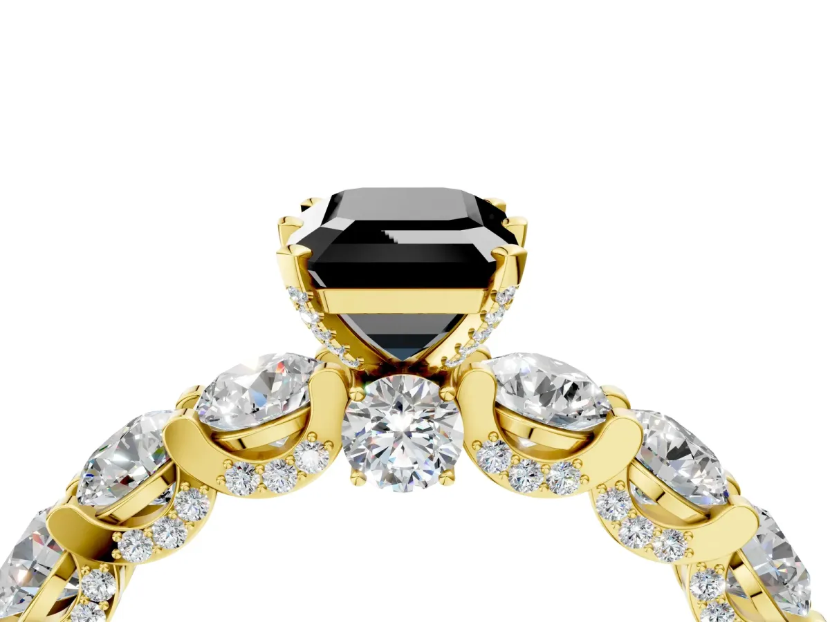 Fancy Black Emerald Cut Diamond Side Stone Engagement Ring with Four-Prong Setting Yellow gold